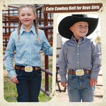 JKEEMI Kids Western Belt, Boys Girls Cowboy Belt for Kids with Detachable Square Buckle and Genuine Leather for Jeans Gifts