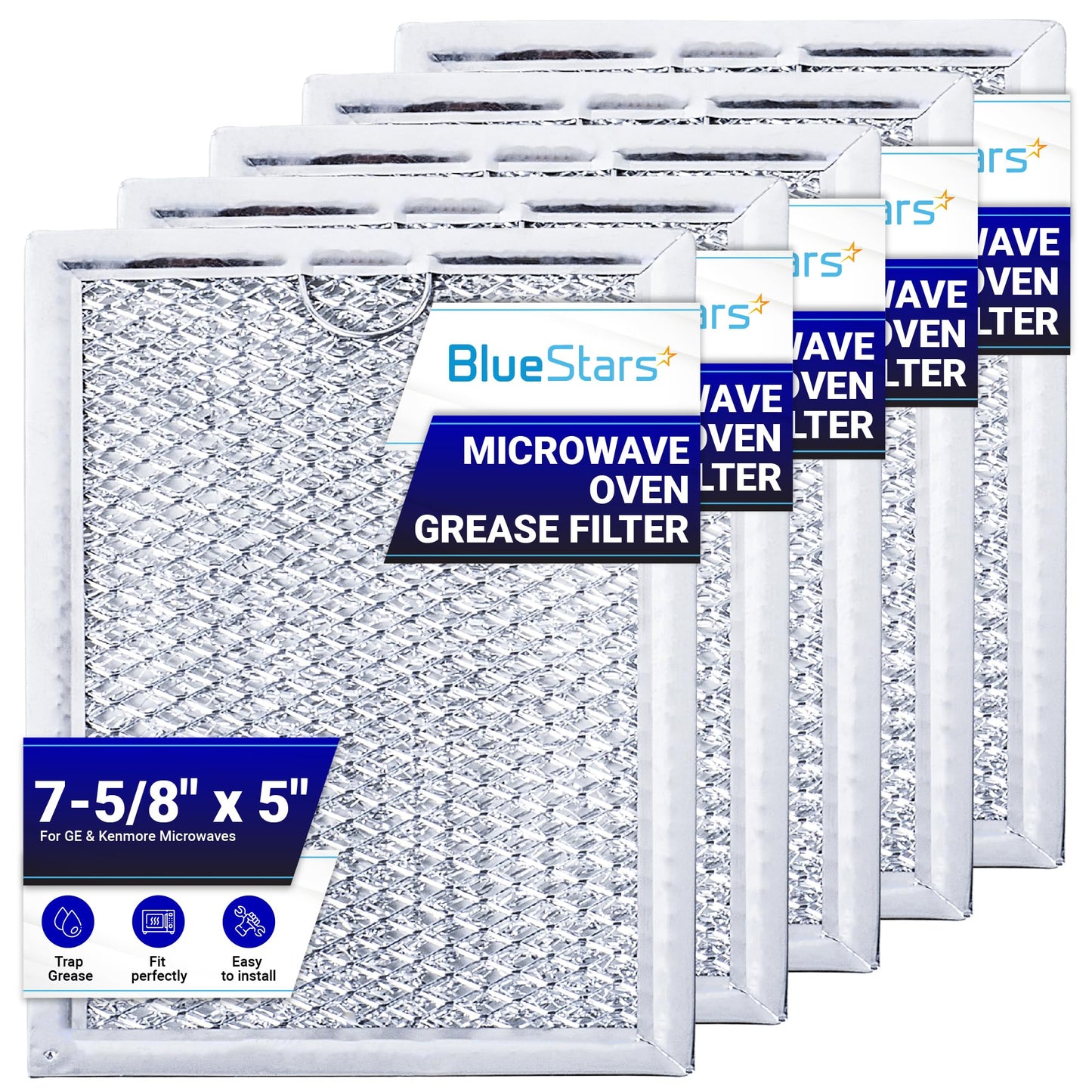 BlueStars Ultra Durable WB06X10309 WB06X10359 ME17R7021ES AA Microwave Grease Filter Replacement 7.64 x 5.12 - For G.E LG Kenmore Over-the-range Vent Hood Microwaves ME21R7051SS - 5 Packs