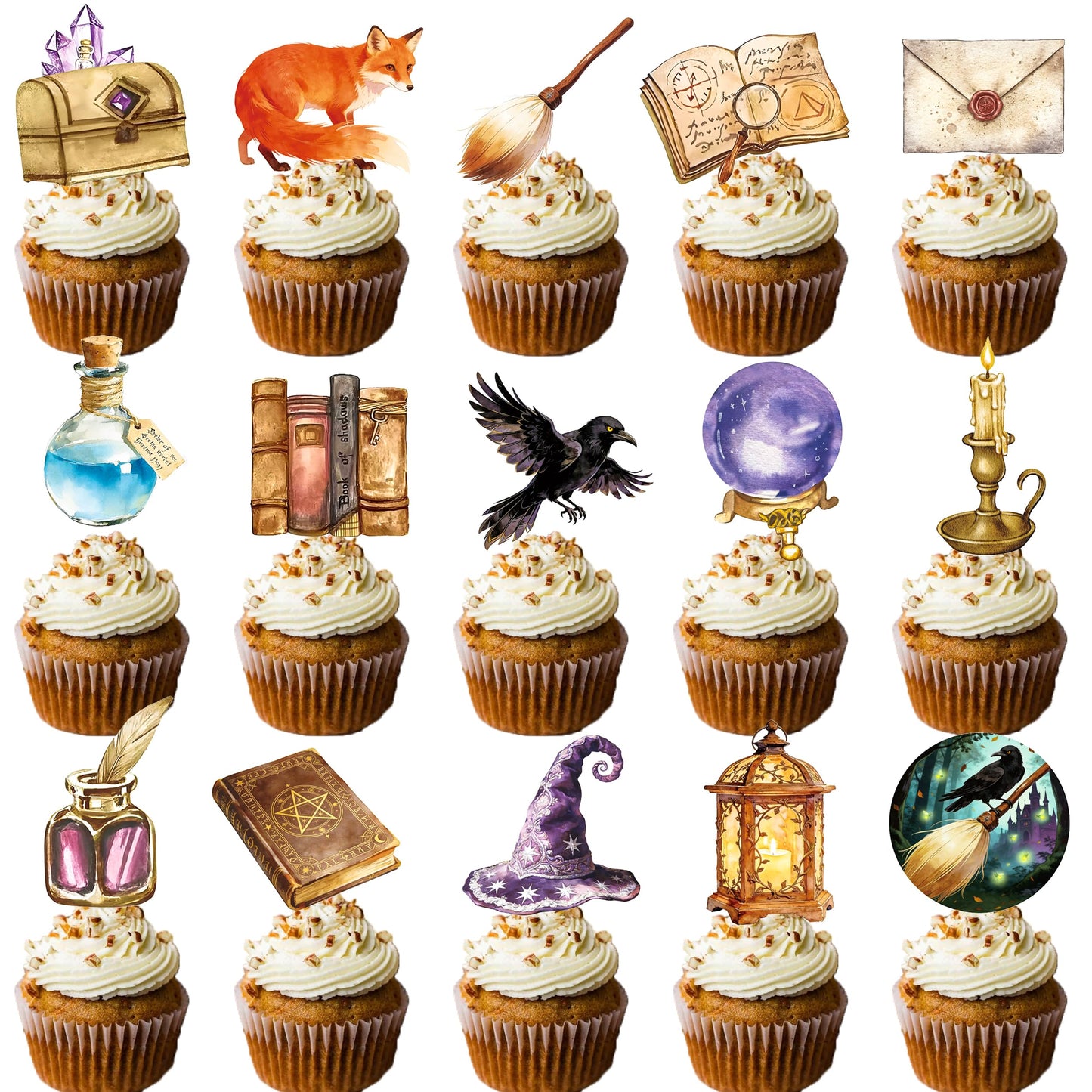 Magical Wizard Birthday Cupcake Toppers 48 Pieces Wizard Hat Flying Broomstick Cupcake Picks for Magic School Themed Party Dessert Decorations
