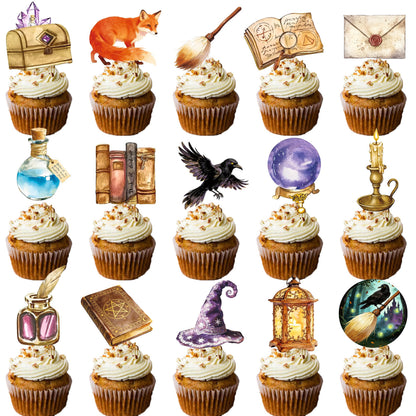 Magical Wizard Birthday Cupcake Toppers 48 Pieces Wizard Hat Flying Broomstick Cupcake Picks for Magic School Themed Party Dessert Decorations