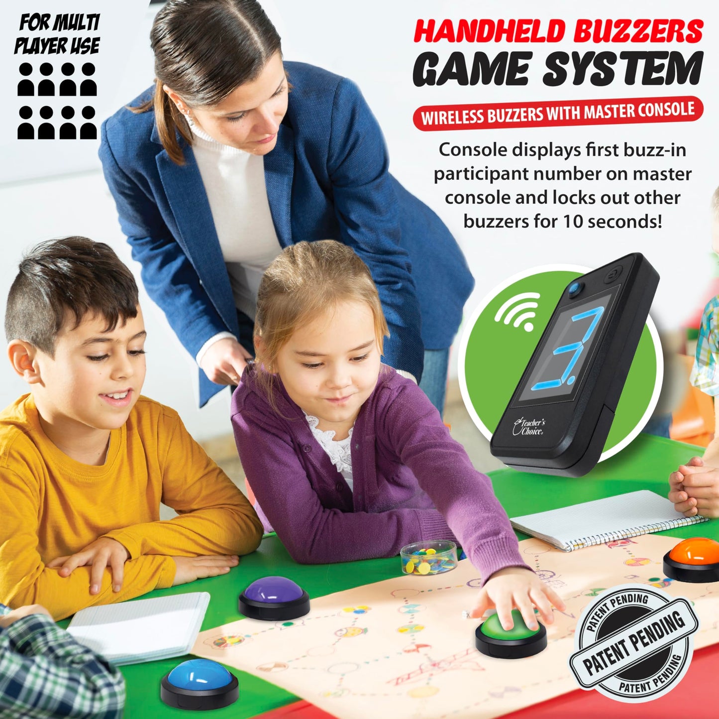 Teacher's Choice Wireless Light Up 8 Player Game Buzzer Button System | Displays the Winning Player | Loud, Unique Sounds Great for Trivia Games, Family Feud, Jeopardy, Competition, Spelling Bees