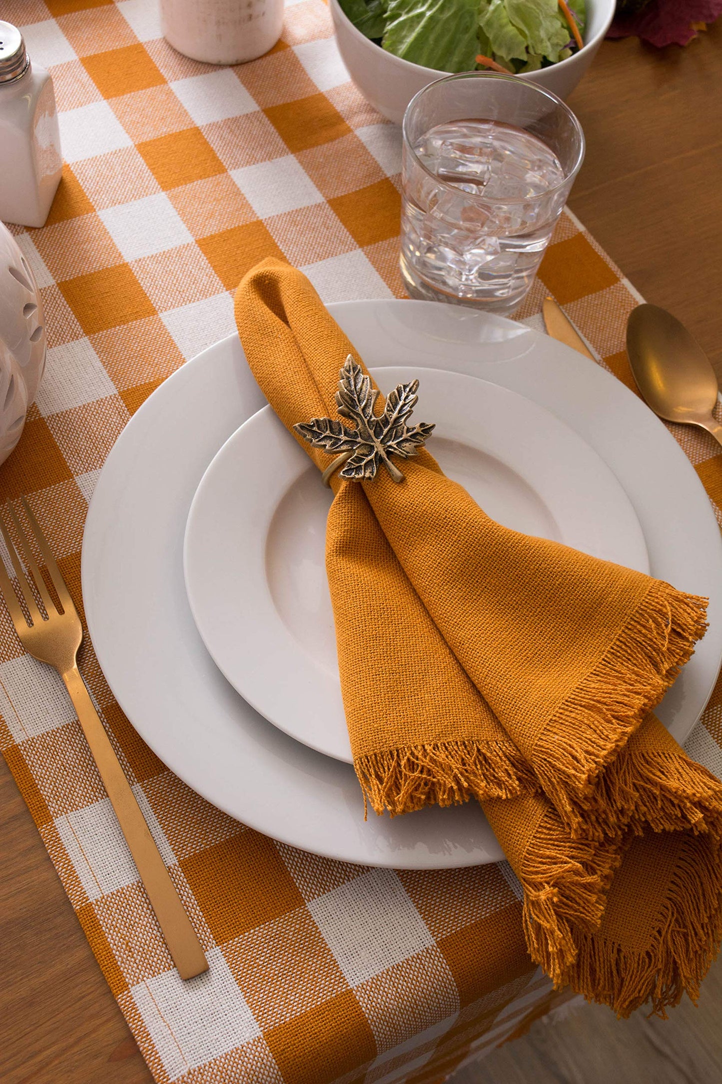 DII Heavyweight Fringed Check Tabletop Collection, Table Runner, 14x108, Pumpkin Spice
