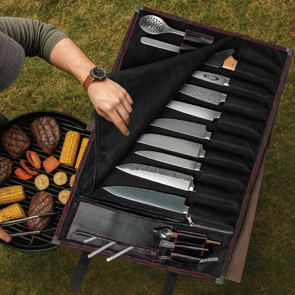 OuiChef Chef Knife Bag for 10 Knives & Utensils - Waxed Canvas & Vegan Leather - Travel Knife Case with Straps - Professional Chef Roll Bag