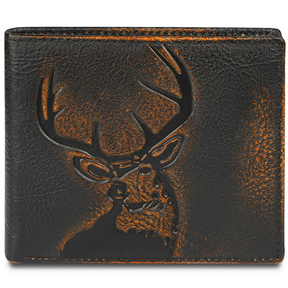 DK86 Deer Bifold Wallet for Men RFID Blocking Full Grain Leather With Hand Burnished Extra Capacity Multiple Card Slots with 2 ID Windows (black orange with deer)