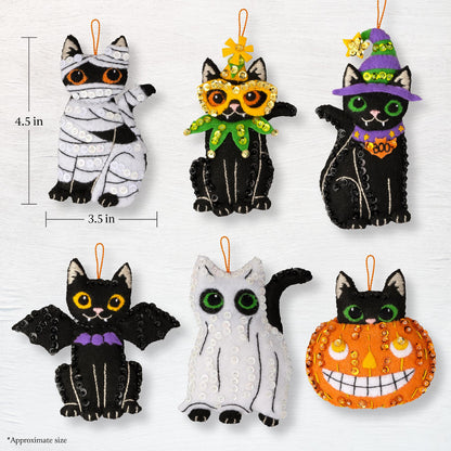 Bucilla Felt Applique 6 Piece Ornament Making Kit, Purrfectly Spooky, Perfect for Halloween Arts and Crafts, 89649E