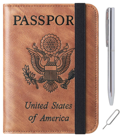 Passport Holder Cover Wallet Travel Essentials Leather Rfid Blocking Case Vacation Luggage Must Haves Travel Accessories for Men Women (116#Brown)