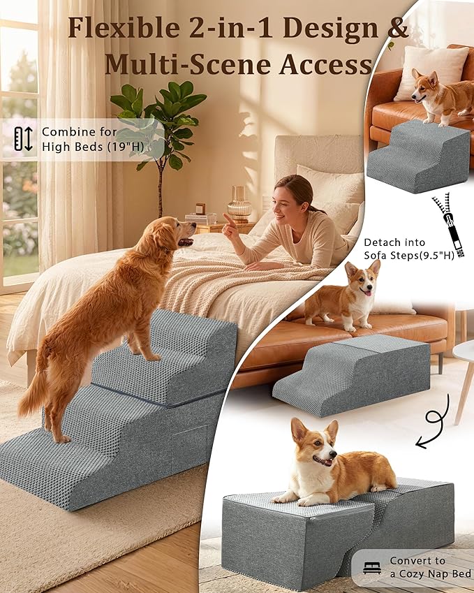 Dog Stairs for Bed, 19" H 4-Step Dog Steps for Window Seat & Loft Couch, Non-Slip Stable Pet Stairs for Small & Senior Dogs, Senior-Friendly Gentle Steps, Foldable Doggy Stairs for Resting
