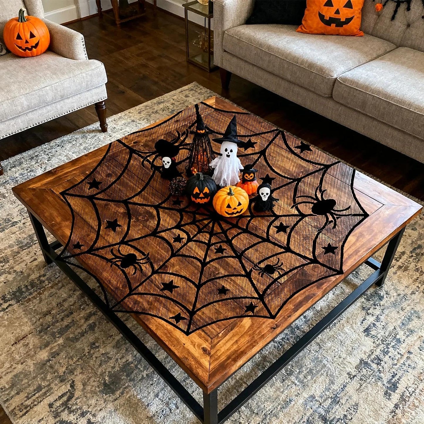 Heyigrow 15 Pcs Set Spider Web Decorations, Halloween Kit Black Lace Table Runner Cobweb Round Tablecloth Fireplace Scarf