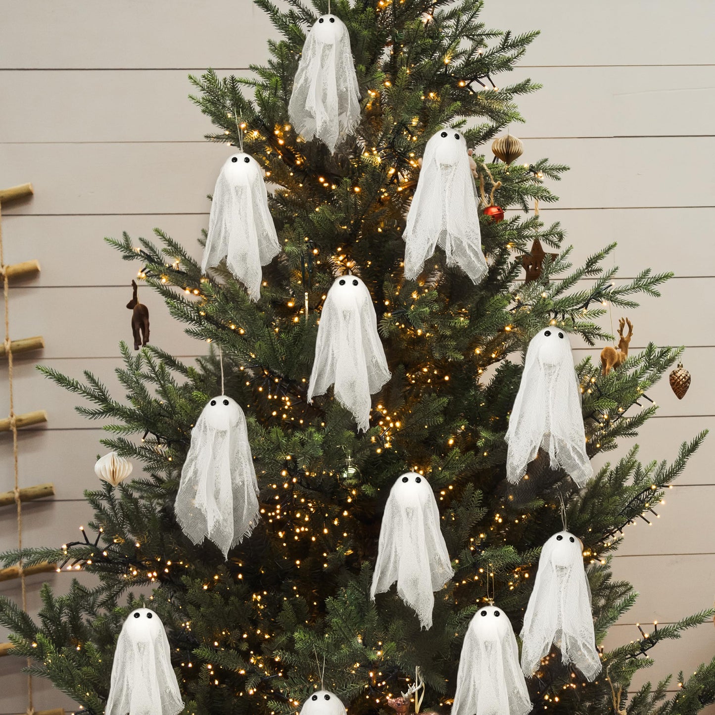 Decor365 Small Hanging Ghosts with White Creep Cloth and Black Eyes Summerween Party Decorations Classroom Living Room Outdoor Halloween Decorations Spooky Scary Ghost To Hang from Trees (Pack Of 12)