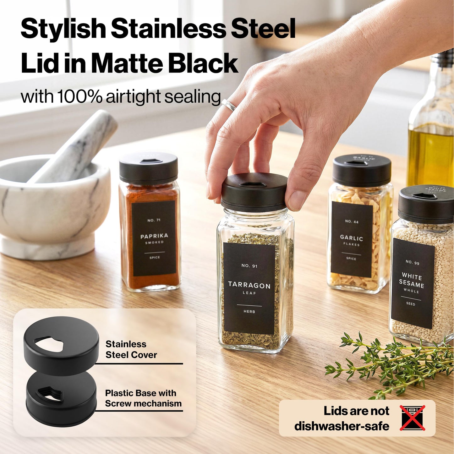 EDELHAUS Glass Spice Jars with Label and Black Rotating Lids (24 x 4oz) Spice Containers with 240 Labels, Shaker Inserts, Steel Funnel, Empty Square Containers