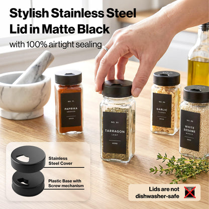 EDELHAUS Glass Spice Jars with Label and Black Rotating Lids (24 x 4oz) Spice Containers with 240 Labels, Shaker Inserts, Steel Funnel, Empty Square Containers