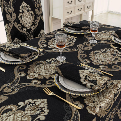 Loom and Mill Black Tablecloth 60 x 120 Inches, Classic Jacquard Rectangle Table Cover with Handmade Tassels for Halloween Dining Room Banquet Decorations (Black, 60"x120")