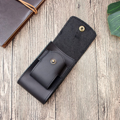 Boshiho Cowhide Leather Cigarette Case with Lighter Holder Tobacco Pouch Best Gift for Men Women (Black)