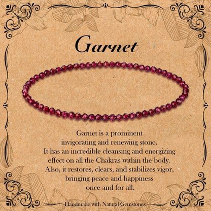 BONNY BOXX Natural Genuine Gemstone Faceted Round Beads Bracelets, 3mm Adjustable Stretchy Tiny Faceted Garnet Bracelet, Healing Crystal Reiki Chakra Dainty Jewelry Fashion Gifts