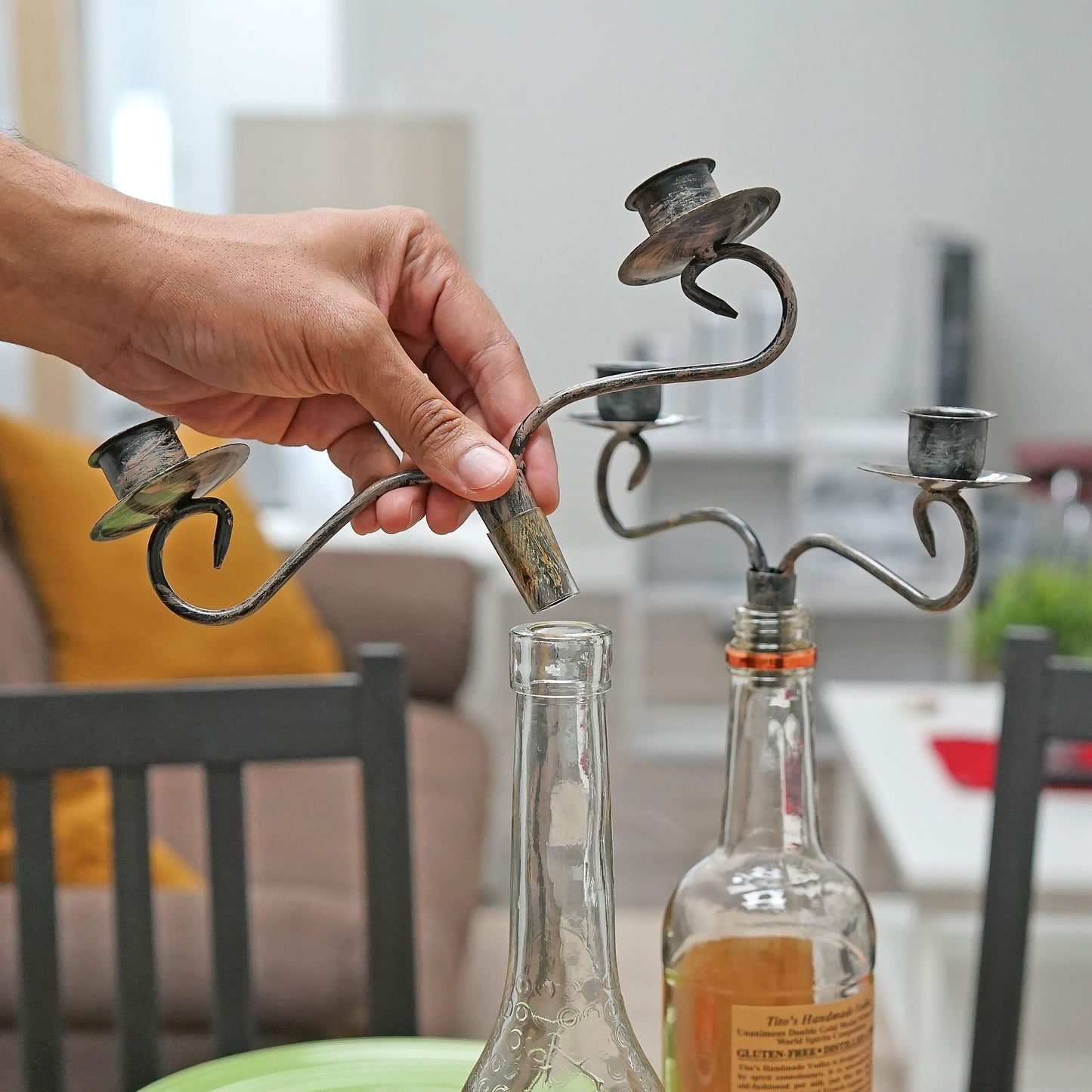 Wine Bottle Candle Holder Candelabra – 2 Candle Topper Set of 2 – Rustic Wine Bottle Decor for Table Centerpieces