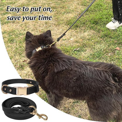 LWBMG 5FT Leather Dog Collar and Leash Set, Heavy Duty Dog Leash and Collar with Metal Buckle,Adjustable Pet Collar and Leash, Soft Pet Leash and Collar Set for Small Medium Dogs Black