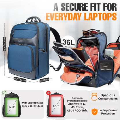 EVERKI Onyx 36L Business Laptop Backpack – Professional Travel Backpack for Men & Women, Laptop Bag with Premium Leather Ballistic & Nylon, Office & Flight Approved, Fits Laptops up to 17.3” - Navy