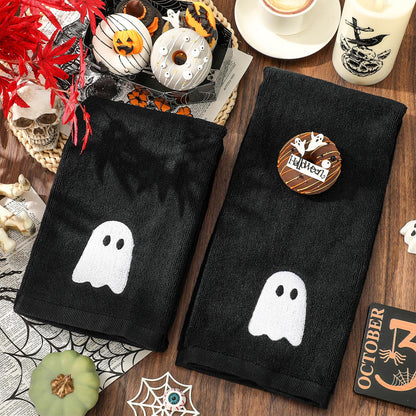 JarThenaAMCS 2 Pack Halloween Hand Towels Embroidered Black White Ghost Cotton Dish Towel for Bathroom Hand Drying Kitchen Cleaning Towel Gift Set, 29.5 x 13.7 Inch