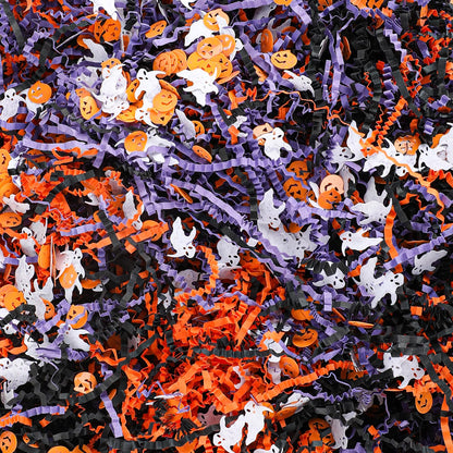 FOIMAS Halloween Crinkle Cut Paper,9.87oz Black Orange Purple Shred Raffia Paper with Pumpkin Ghost Confetti for Trick or Treat Halloween Bakset Gift Packaging Supply