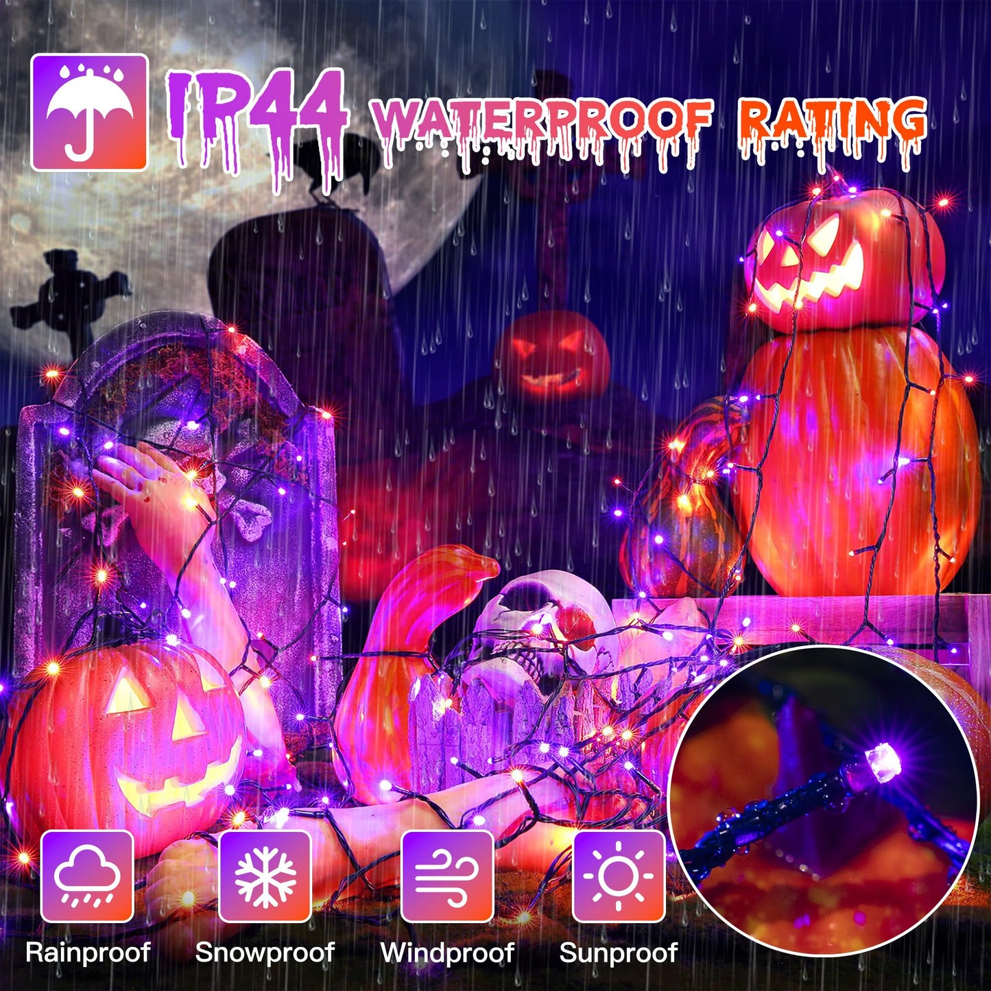 Guhope 66FT 200 LED Halloween Lights, Orange + Purple Halloween Lights Outdoor with 8 Lighting Modes, Waterproof String Lights for Halloween Christmas Outdoor Party Yard Garden Decoration
