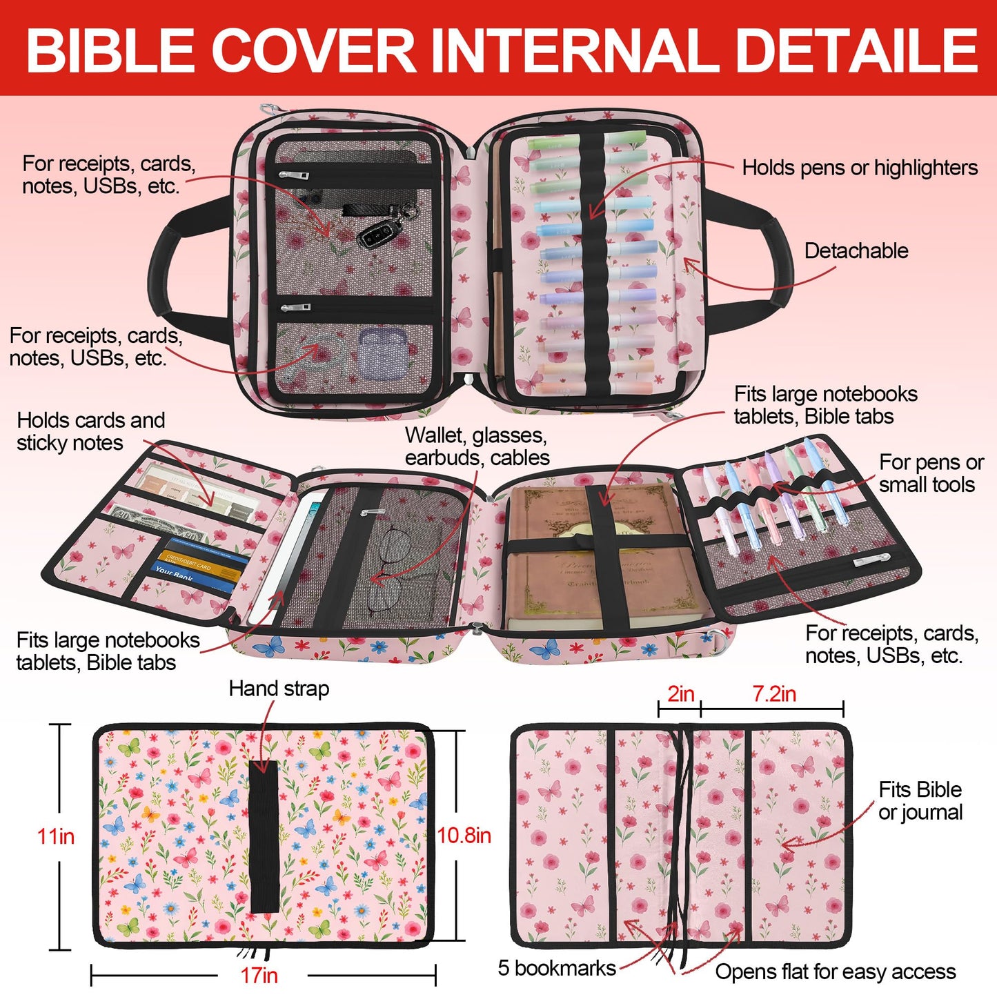 Cute Flower Large Bible Cover Case for Women Girls Organizer, Church Bag Book Carrying Case with Highlighters Shoulder Strap Pens Cross Clip Study Supplies Journaling Kit, Christian Gifts Pink