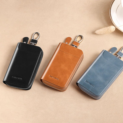 Teisson Car Key Case for Men and Women, Black Genuine Leather Card Holder Wallet Keys Pouch Organizer Bag with 6 Keychain Hooks, 3 Cards Slot (Black w/keychain)