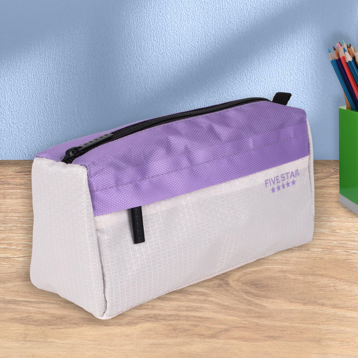 Five Star Pencil Pouch 9-Pocket Zipper Storage Organizer Case for Office Supplies Earbuds Chargers Cables Makeup, Tan/Purple (505600E)
