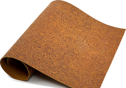 Western Style Bump Texture Geometric Pattern 2.0mm(5-5.5oz) Genuine Leather Sheet, Floral Tooling Craft Leather for DIY Projects (Bourbon Brown | Pattern 12"x24")