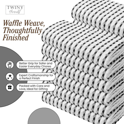 TWINY threads Waffle Kitchen Towels Set of 4, Large 16x26 Inches, 100% Cotton Absorbent Dish Cloths, Fast Dry & Machine Washable Waffle Weave Towel for Cooking, Baking & Cleaning, Black and White