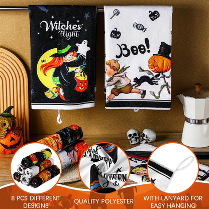 FuWeave 6 Pcs Halloween Kitchen Towels Absorbent Horrible Witch Ghost Pumpkin Bat Hand Dish Cloth Retro Decorative Funny Tea Towel for Halloween Home Gift Decor