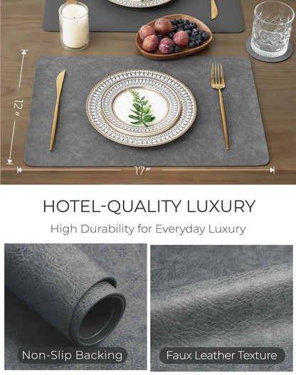 Leetaltree Reversible Faux Leather Placemats Set of 6, 12x17 Inch – Hotel-Quality Heat Resistant & Waterproof Wipeable Table Mats, Non-Slip for Dining Kitchen (Mist Crey, 6 Pack)