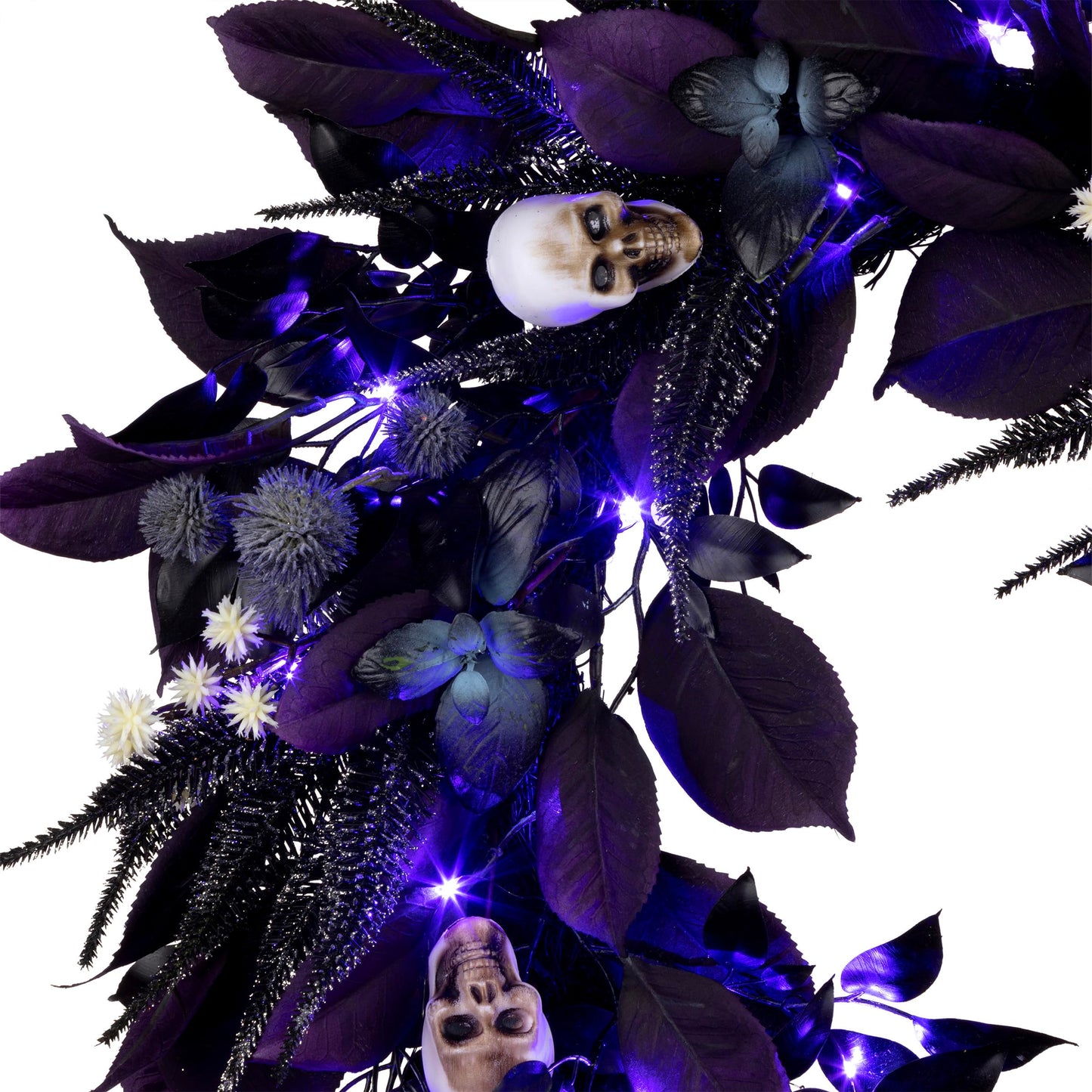 National Tree Company, 26inch Artificial Floral Mini Skull Wreath, 30 Purple LED Lights,