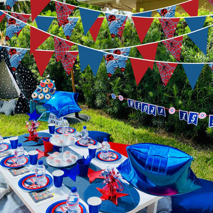 32Ft Spider Party Decorations Red Blue Spider Web Triangle Flag Pennant Banner Fabric Garland Streamer for Kids Boys Cartoon Super Heros Movie Birthday Superhero Baby Shower Party Decor Supplies