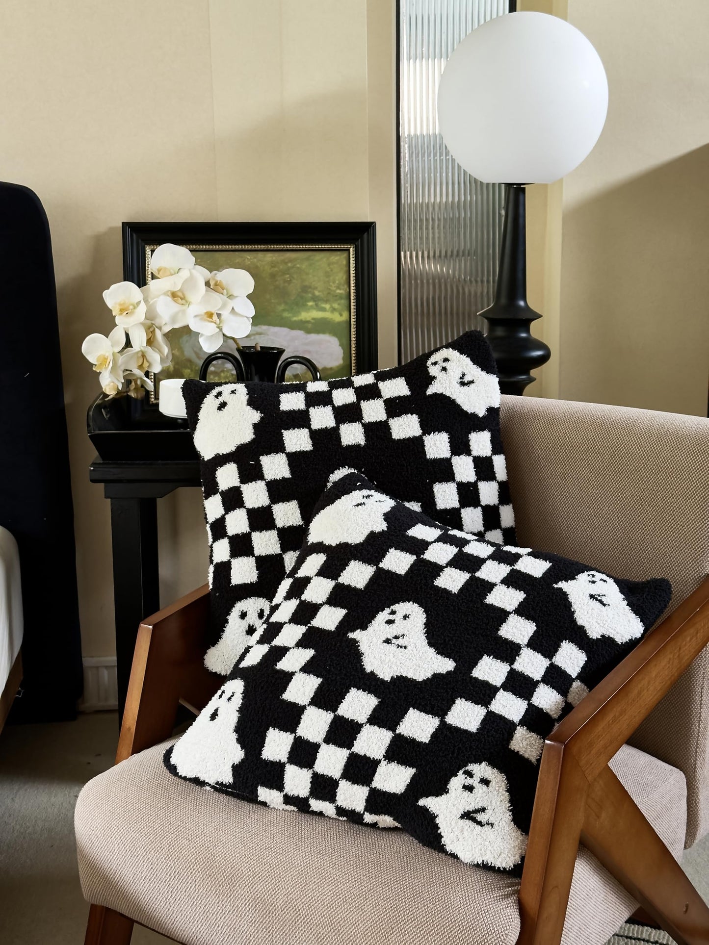 Ultra Soft Cozy Checkered Ghost Happy Halloween Knitted Throw Pillow Cover Fluffy Microfiber Checkerboard pillocase Lightweight Decorative for Sofa Bed 18 Inches Both Sides Black