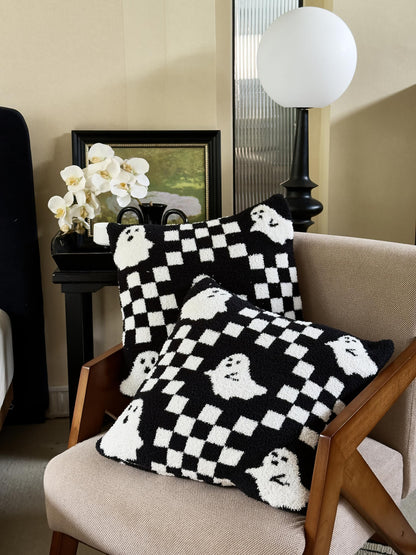 Ultra Soft Cozy Checkered Ghost Happy Halloween Knitted Throw Pillow Cover Fluffy Microfiber Checkerboard pillocase Lightweight Decorative for Sofa Bed 18 Inches Both Sides Black