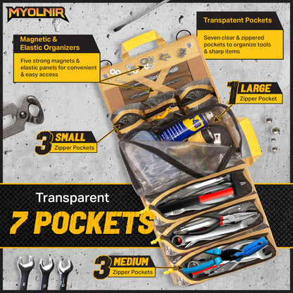 Myolnir Roll Up Tool Bag Organizer With Kickstand - Full-Size 25" Heavy Duty Tool Roll Bag - Portable Rollup Toolbag With Magnetic Panels & Transparent Pockets - Mechanic, Electrician & Tradesperson