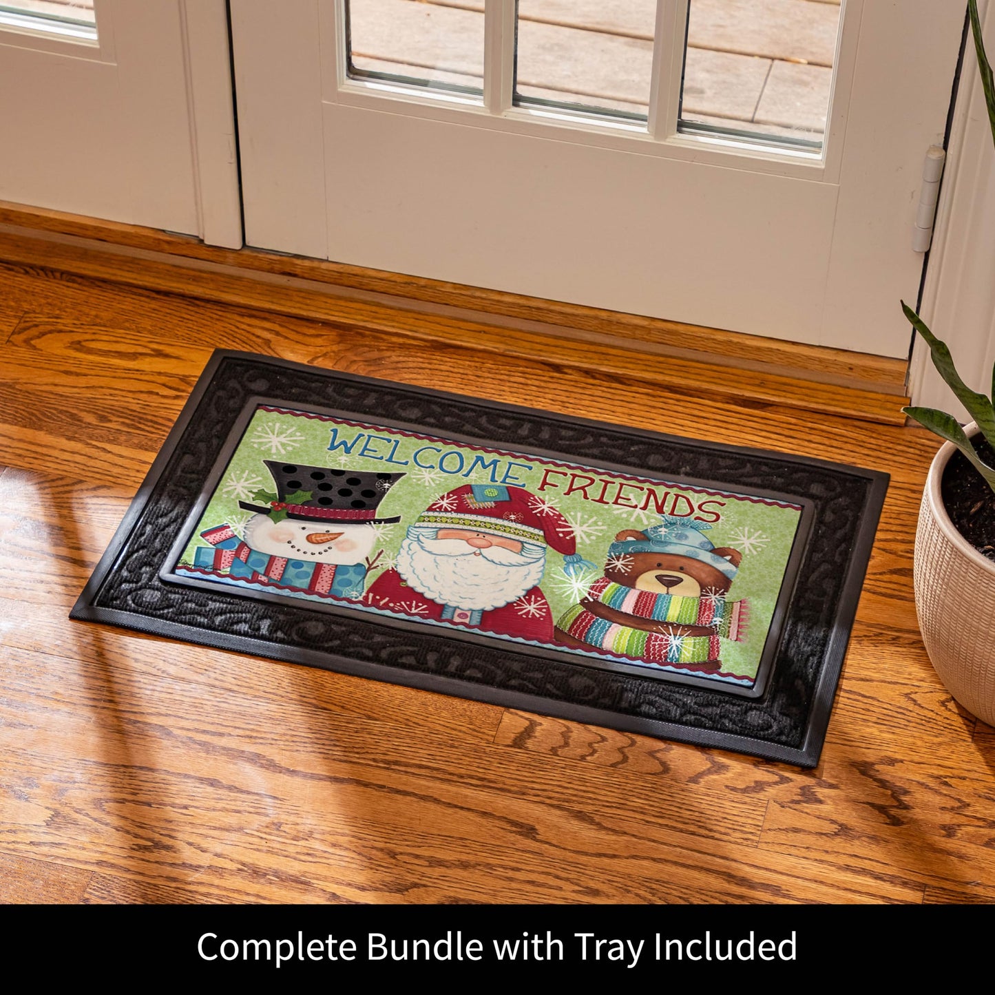 Evergreen Sassafras Fall Christmas Holiday Doormat Insert Bundle & Tray Set of 5, Interchangeable Entrance Door mats Indoor and Outdoor Welcome Mat 30 x 18 Tray Non Slip Backing Low Profile