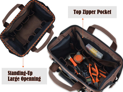 WELKINLAND 30-Pockets Canvas tool bag, 14-Inch Heavy Duty Waxed bags heavy duty, Tool duffel, Lineman Electrician for electricians,Tool men duty Black/Brown/Olive