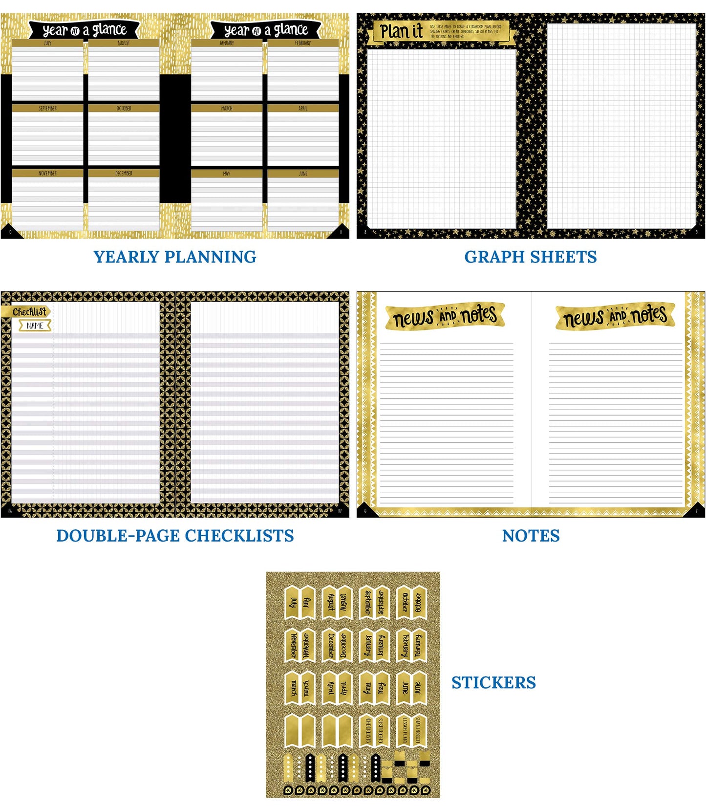 Carson Dellosa Sparkle and Shine Teacher Planner, 8" x 11" Black and Gold Spiral Bound Lesson Plan Book With Stickers, Checklist, Notes, School Supplies for Classroom Organization