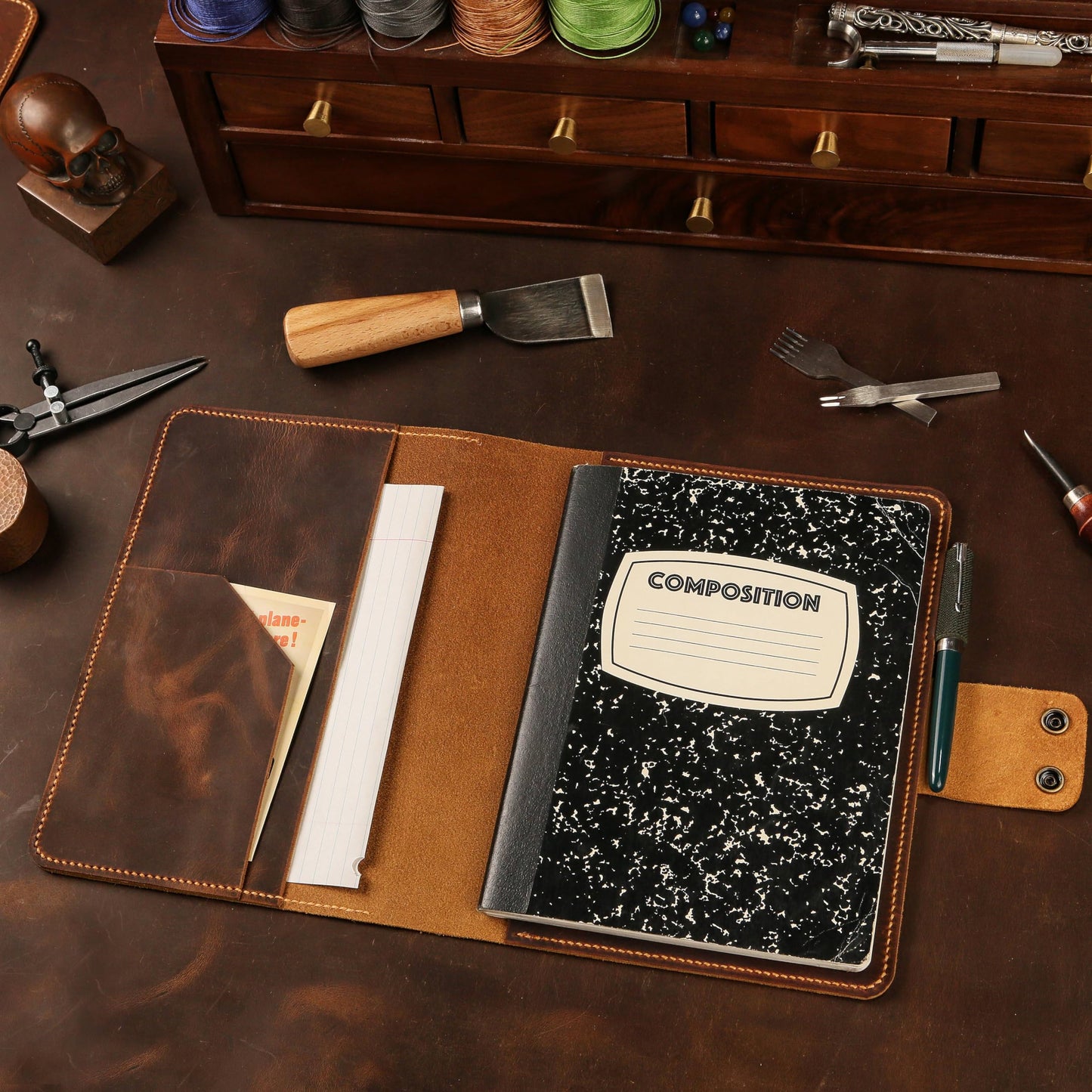 Leather composition notebook book cover case/vintage rustic leather cover portfolio for composition notebook