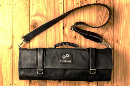 EVERPRIDE Waxed Canvas and Genuine Leather Trim Chef Knife Roll Bag Holds 12 Knives and Cooking Tools – Durable, Large Knife Case – Elegant Chef Bag for Professional Cooks and Students