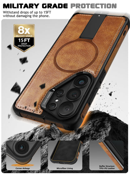 VAUSERDY Strong Magnetic for Samsung Galaxy S26 Ultra Case Leather,[Compatible with MagSafe], Adjustable Kickstand, Shockproof Protective Cover for Samsung S26 Ultra (Brown)