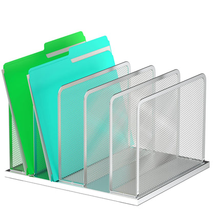 Kuntine.B Desk File Organizer Upright Mesh Desktop Organizer File Sorter Office Organization File Holder for Home, Office & Classroom (Silver, 1 Pack 5-Section)
