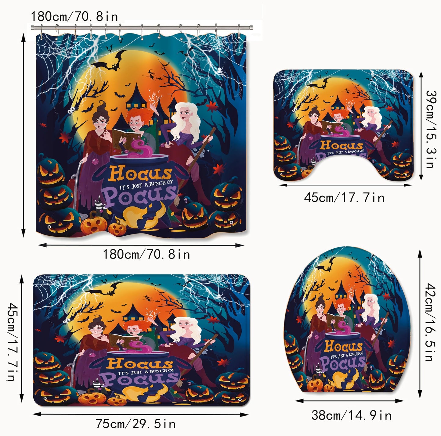 Apear1 4Pcs Halloween Shower Curtain Set Hocus Pocus Witch Shower Curtain for Halloween Bathroom Decor with Anti-Slip Waterproof Bathtub Bathroom Rugs Toilet Lid Cover, 12 Hooks (Witch)