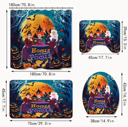 Apear1 4Pcs Halloween Shower Curtain Set Hocus Pocus Witch Shower Curtain for Halloween Bathroom Decor with Anti-Slip Waterproof Bathtub Bathroom Rugs Toilet Lid Cover, 12 Hooks (Witch)