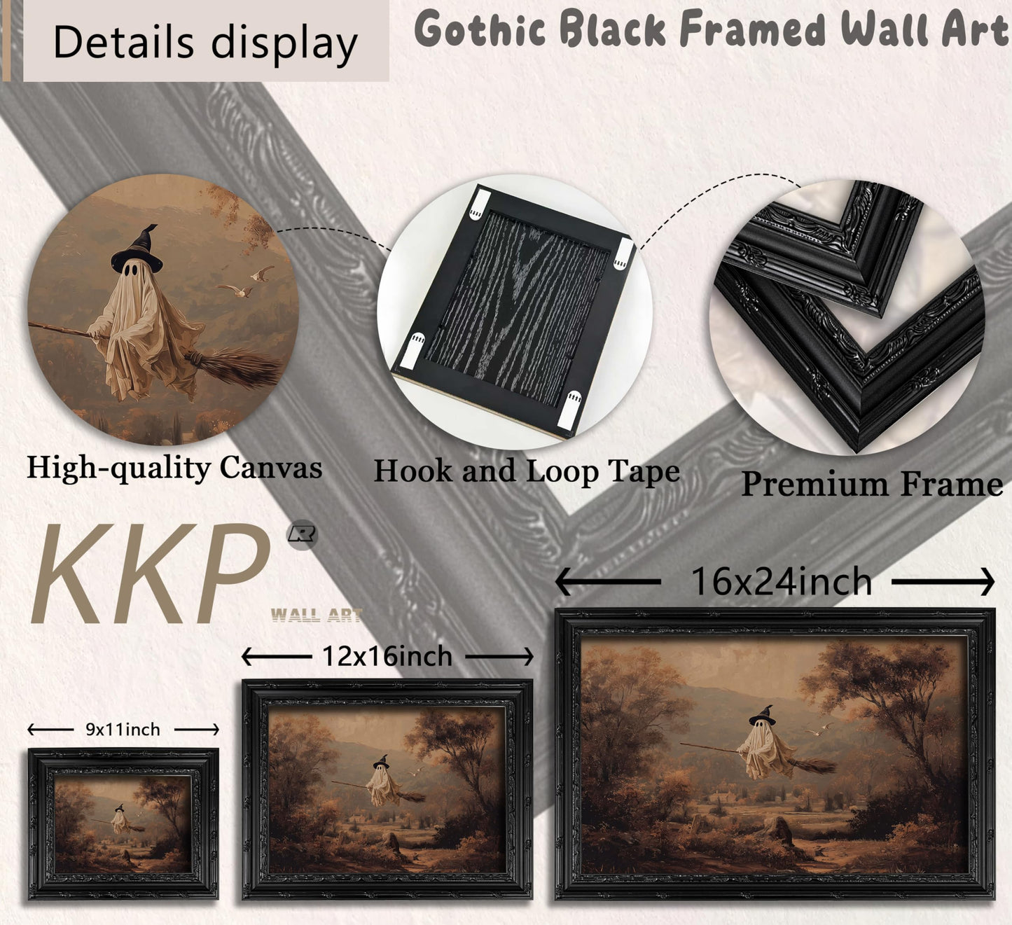 KKP Framed Halloween Ghost Wall Art-Gothic Witchy Whimsy Broom Canvas Print