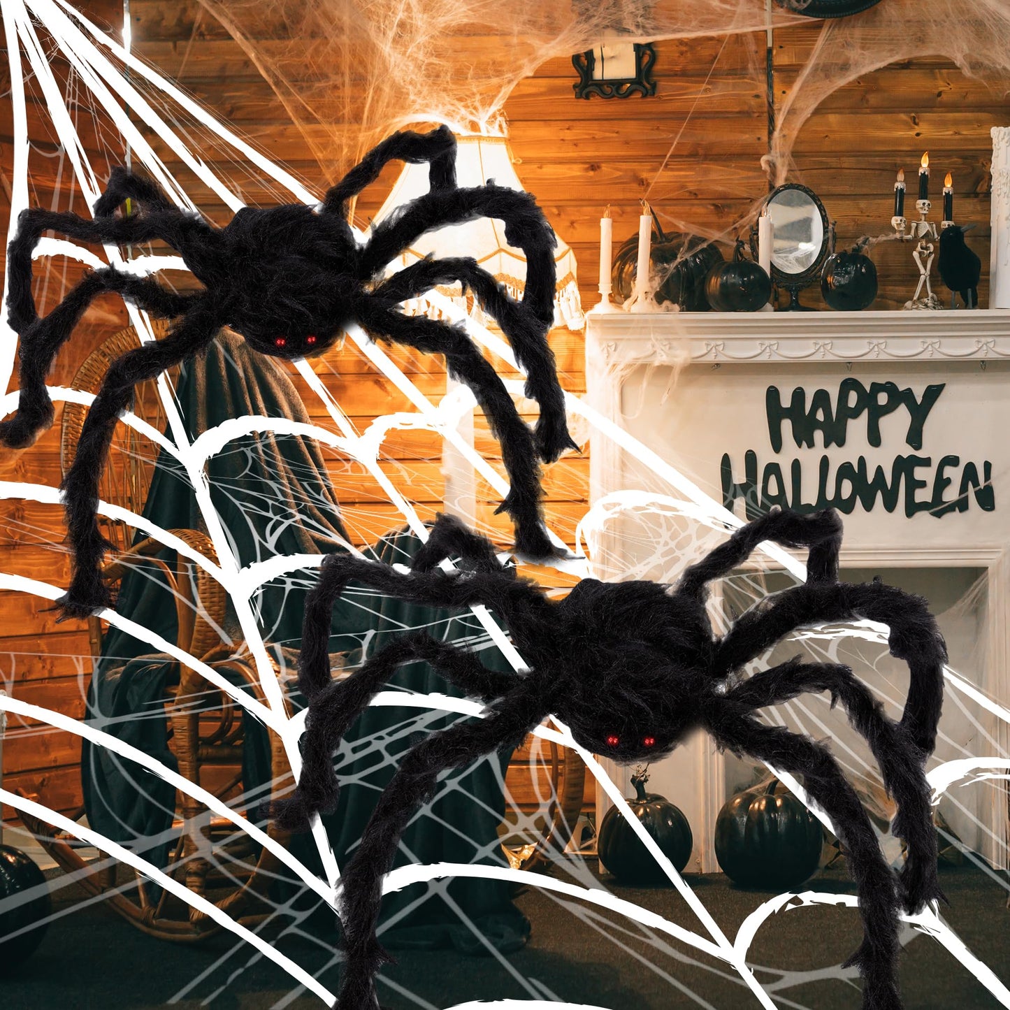 ArtCreativity Giant Spider Halloween Decorations, Includes Two 24" Spiders and a 16.4' Spider Web, Outdoor Spider Web Decoration with 2 Giant Spiders, Outdoor Halloween Decorations for Haunted House