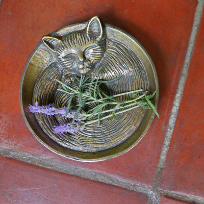 Antique Brass Cat Dish - Small Tray, Handcrafted Gift for Pet Lovers, Perfect for Cat Owners - Jewelry Ring Keepsake Trinket Tray