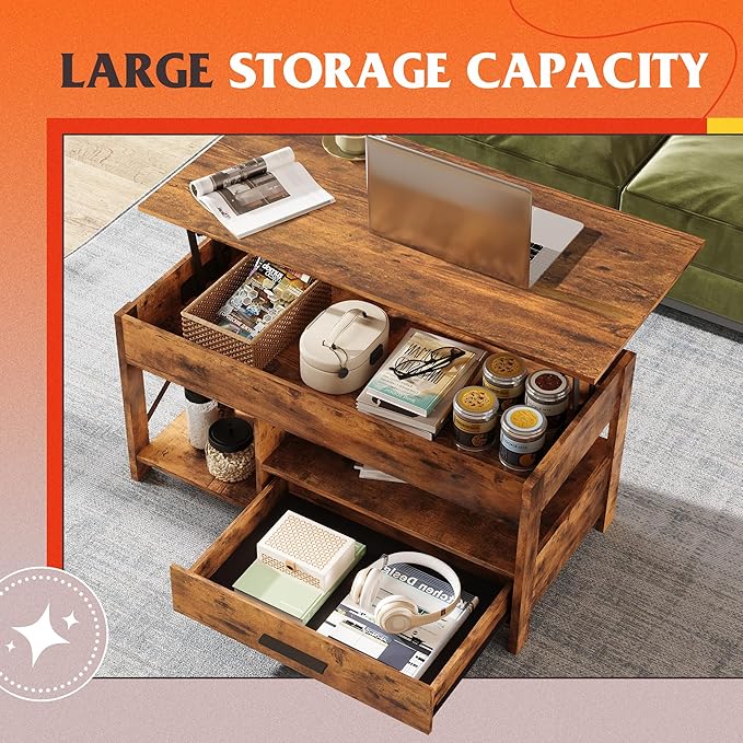 WLIVE Coffee Table, 39" Lift Top Coffee Table with Storage Drawers and Hidden Compartment for Living Room, Retro Central Table with Wooden Lift Tabletop Reception Room, Rustic Brown