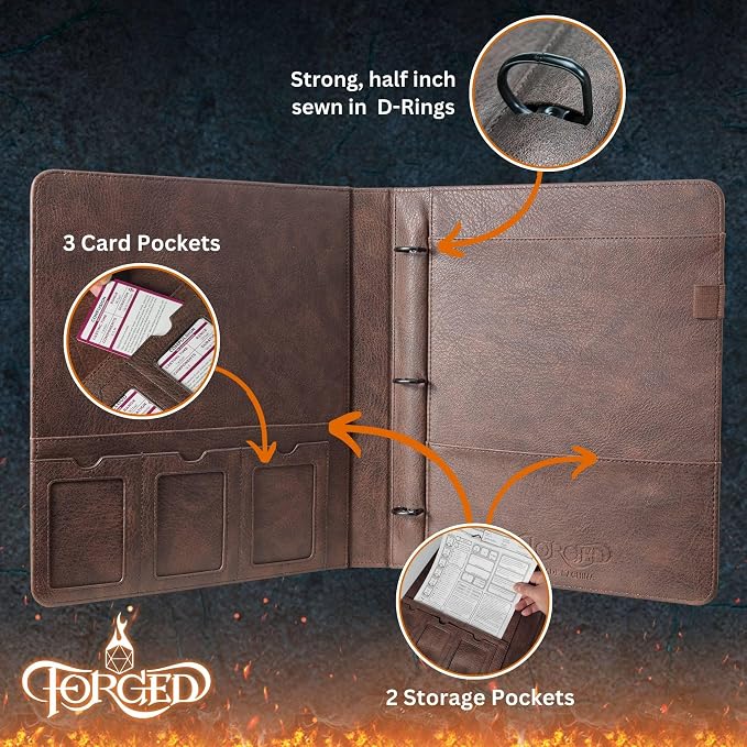 Forged Dice Co. Game-Folio PU Leather Portfolio Binder - Gaming Binder for DND Character Sheets with DND Spell Cards Organizer and Clear Front Pocket - Compatible with Dungeons and Dragons RPG - Green